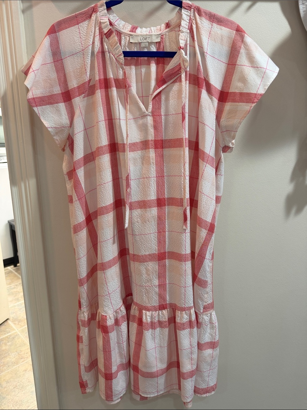 LOFT Pink and White Plaid Ruffle-Hem Casual Dress